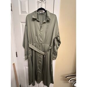 French Connection Sage Green Satin Long Shirt Dress XXL Belted Midi Button Down
